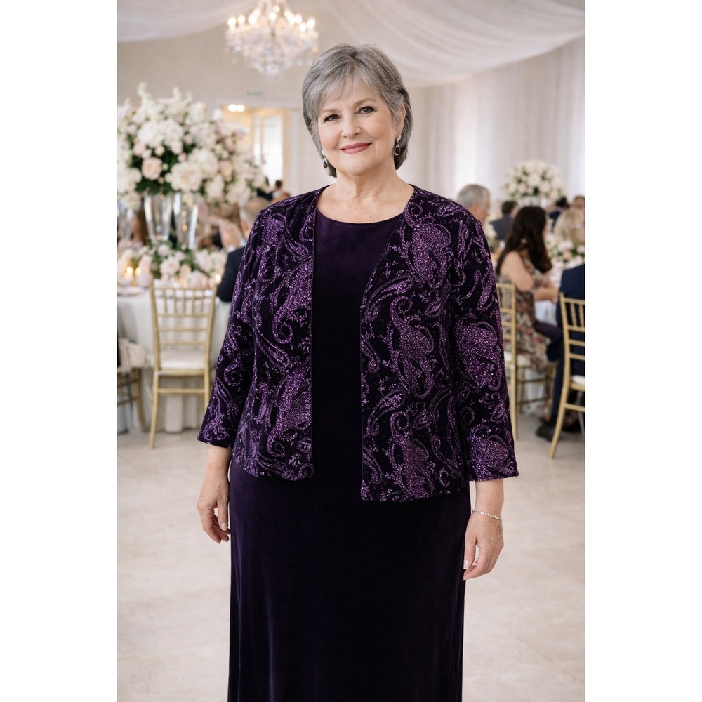 Vintage Sheri Martin Purple Velour Sheath‎ Dress & Glitter Cardigan Jacket 14